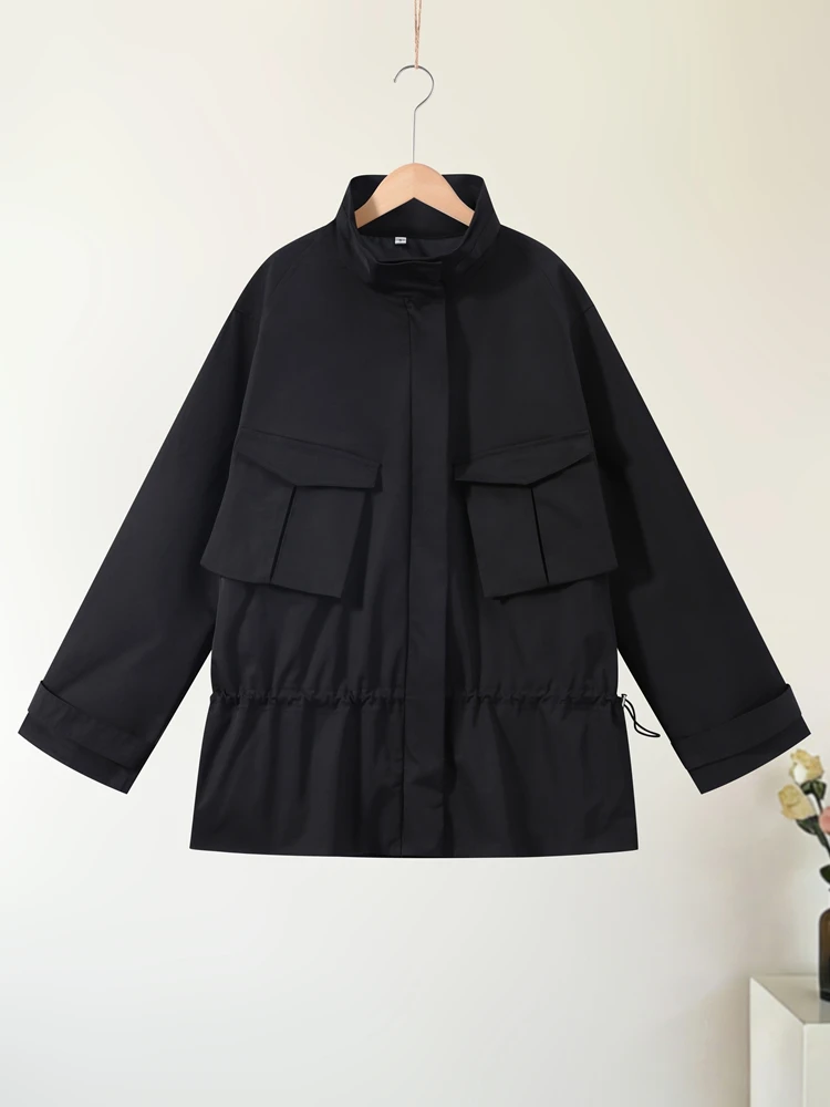 Stehkragen Langarm Oversize-Jacken für Damen Streetwear Große Taschen Kordelzug Taillenschnürung Schlanke Mäntel Frühling Damen-Oberbekleidung – Detail 3