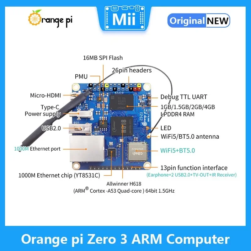 لوحة تطوير Orange Pi Zero3 ARM Allwinner H618 Cortex-A53 CPU 1G/1.5G/2G/4G LPDDR4 RAM Linux