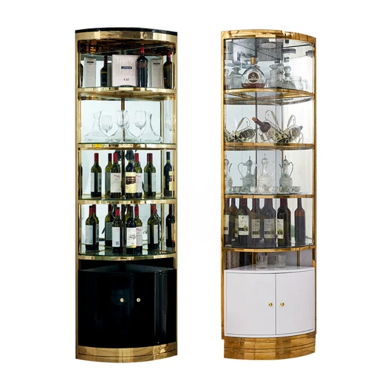 Living room stainless steel metal frame wine cabinet luxury double door glass corner bar wine cabinet