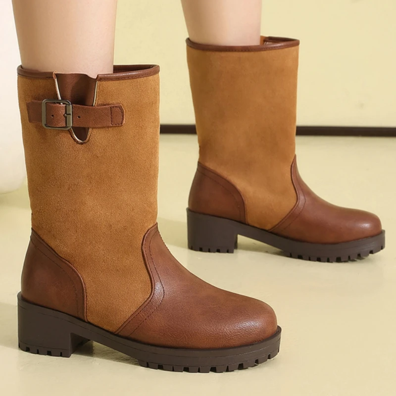 Fashion Black Mid-calf Boots for Women Winter Shoes Elegant Round toe Low Heels Buckle Women's Short Boot Black Large Size 45