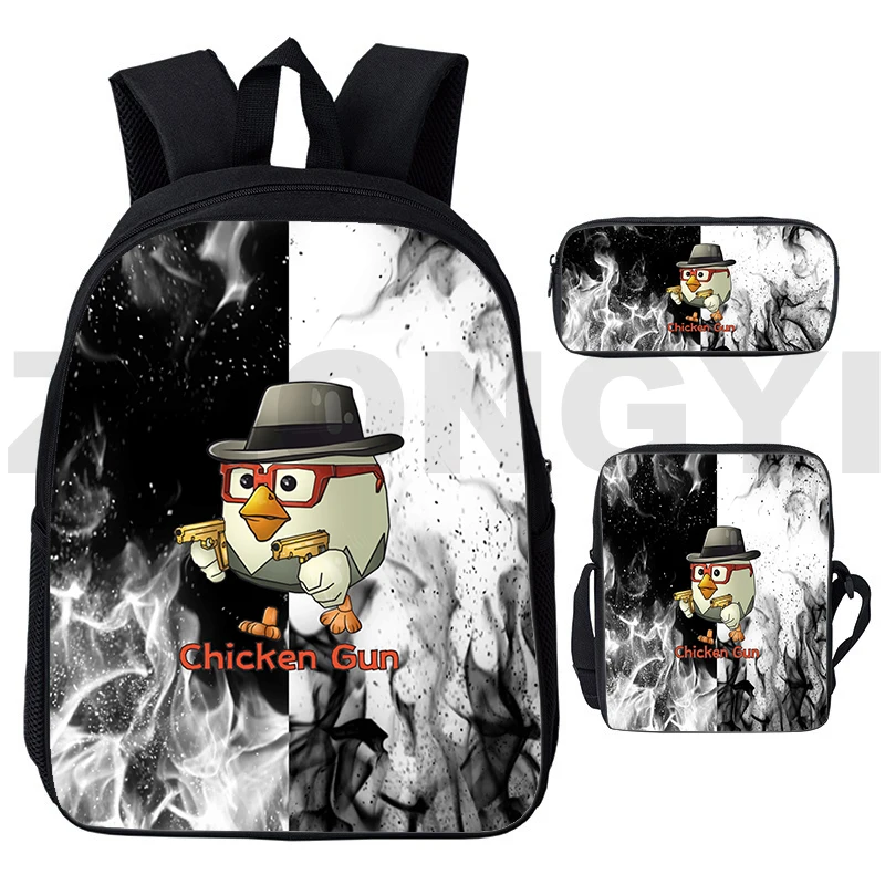 

Top Quality Chicken Gun Game Backpack Men 3 in 1 Harajuku Anime Crossbody Bags Pencil Case 3D Print Kids Chicken Gun School Bags