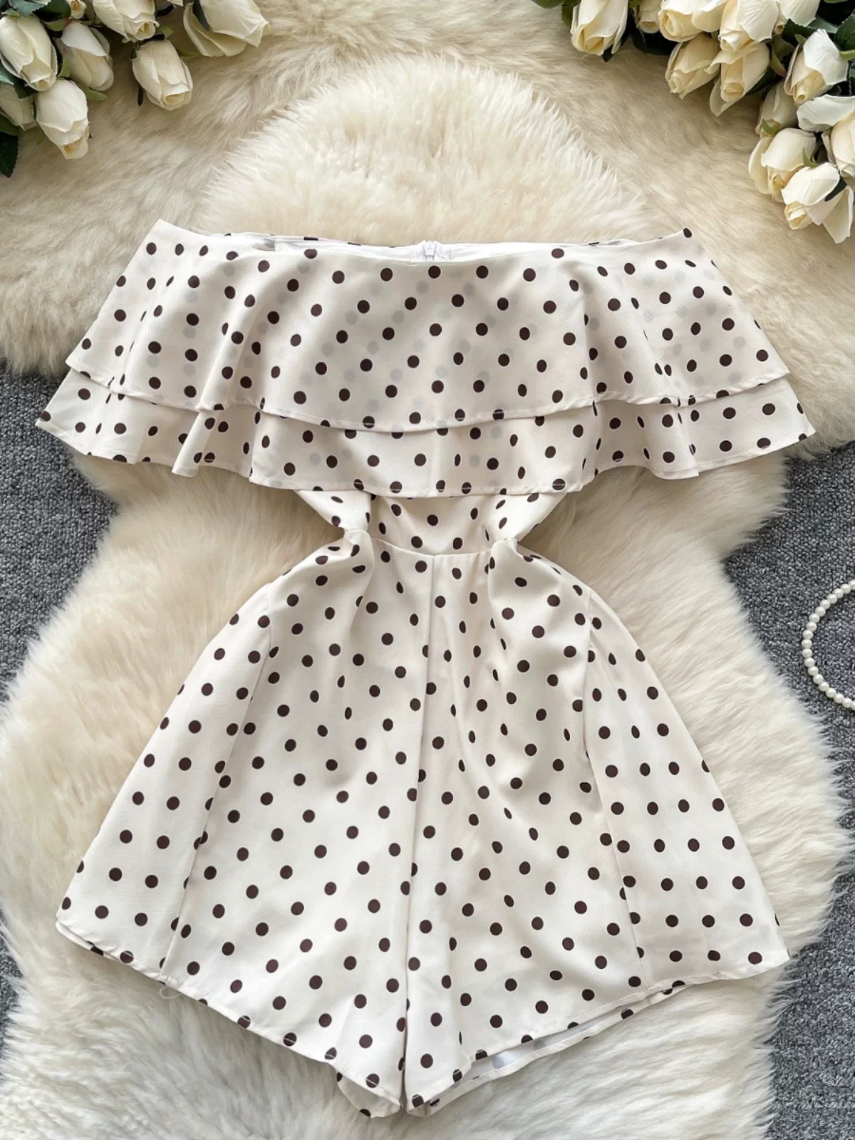 

Summer 2026 Polka Dot Playsuit Women Holiday Strapless Ruffled High Waist Slim Wide Legs Jumpsuit Vocation French Style 63925