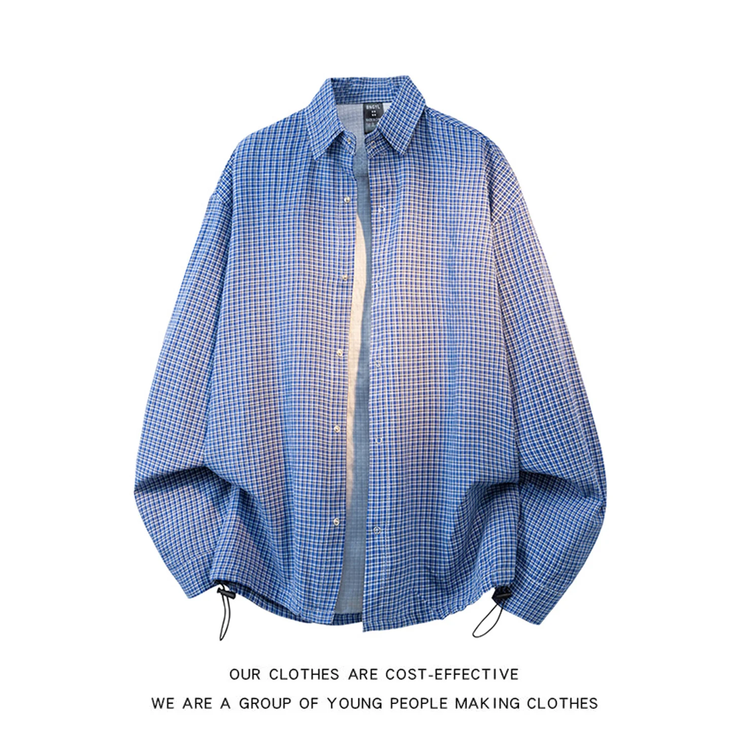 

Thiened Long Sve Men's irt Blue Plaid American Sle Retro Dstring Design Trendy Brand Casual Faion Student Summe...