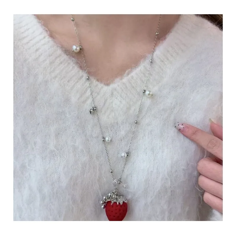 Collar con colgante de circonita fresa en forro polar color burdeos, pendientes de moda con forma de corazón para niña, anillo y cadena para suéter.