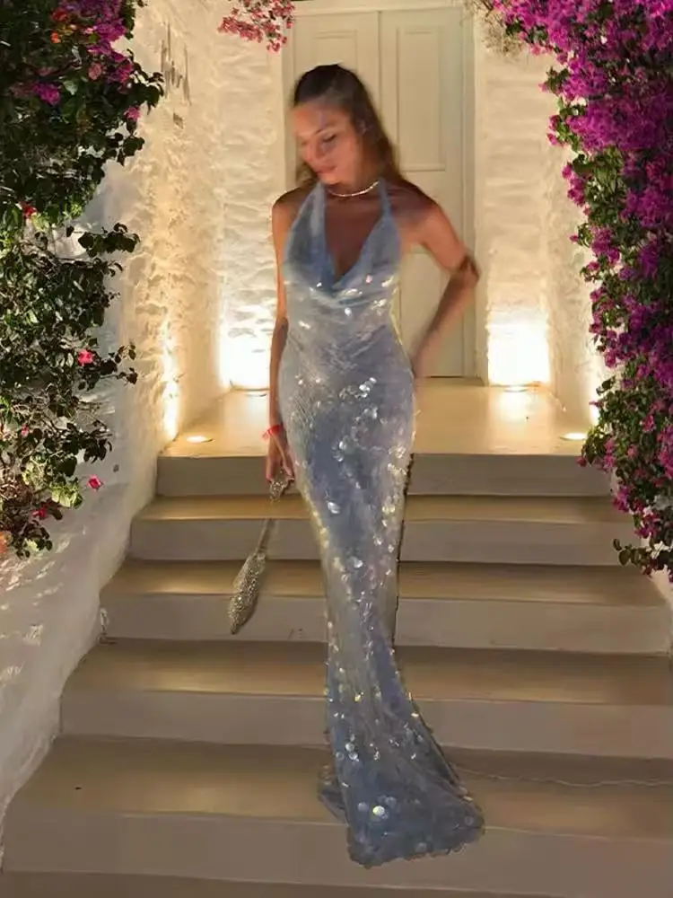 Sexy Shiny Sequin Halter Neck Maxi Dress for Women Backless Lace Up Sleeveless Bodycon Sparkling Dress Evenin Prom Party Vestido