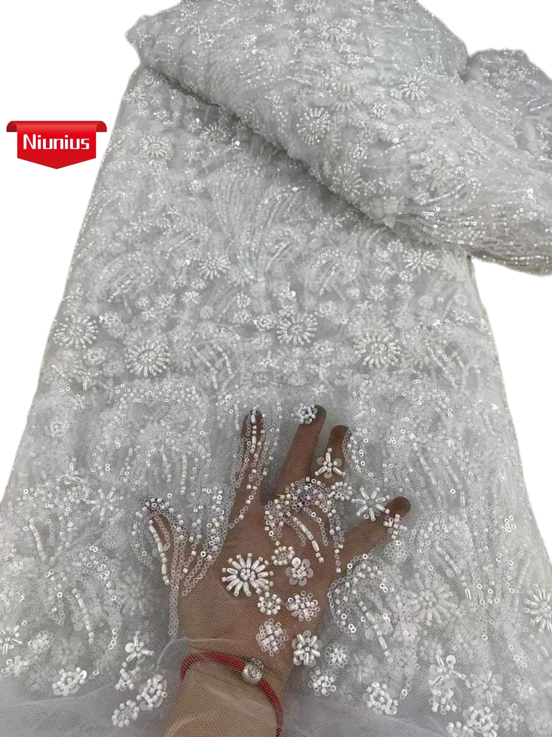 2025Latest Best Quality Luxurious Soft  white Elegant Tulle Lace With Lots Stones Fabric for Bride Wedding Party Dress NN6578_R