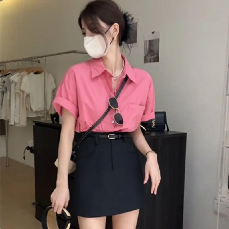 

Женская светло-зеленая рубашка с коротким рукавом на пуговицах, свободного кроя, с отложным воротником, повседневная блузка