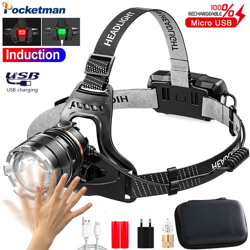 

Super Bright Headlamp Flashlight Torch Telescopic Zoom Sensor Headlight Long-lasting Battery 18650 Rechargeable Camping Lantern