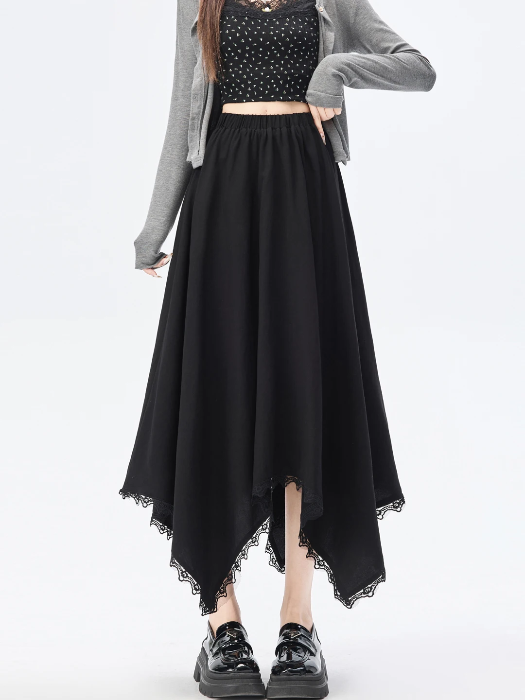 

Юбка миди с высокой талией, плиссированная, черная, женская, весна-осень, с кружевной отделкой, А-силуэт, расклешенная, с эффектом похудения, средней длины