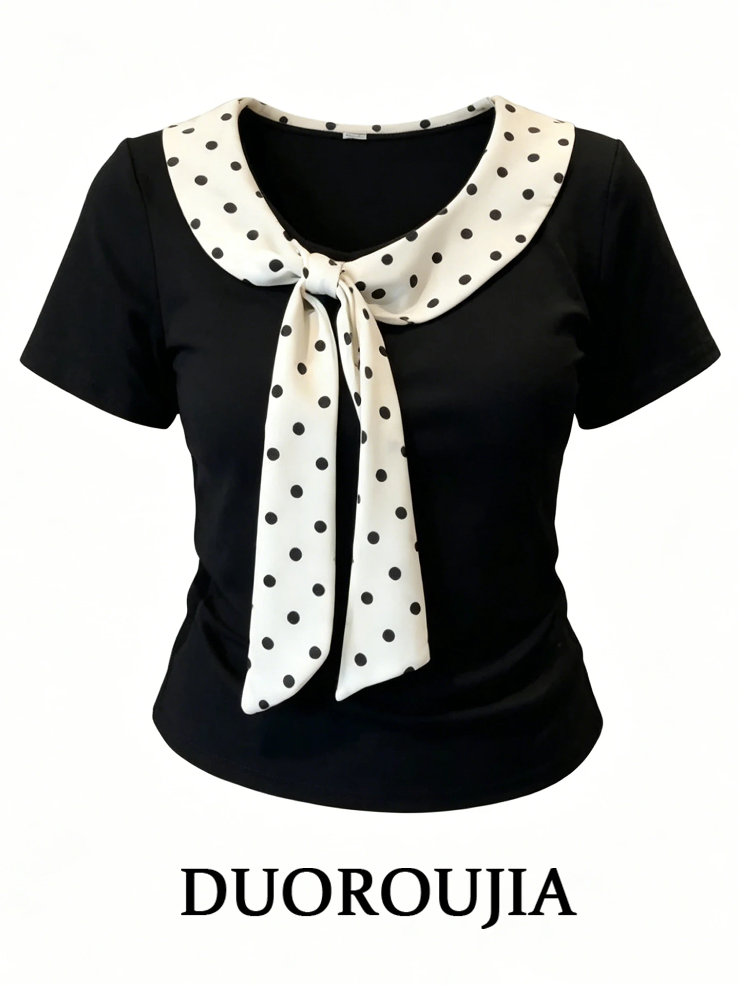

Duor plus Size Knot Short Sleeve T-Shirt Women's Summer Commute Black Polka Dot Print Slim Fit Korean Style Top