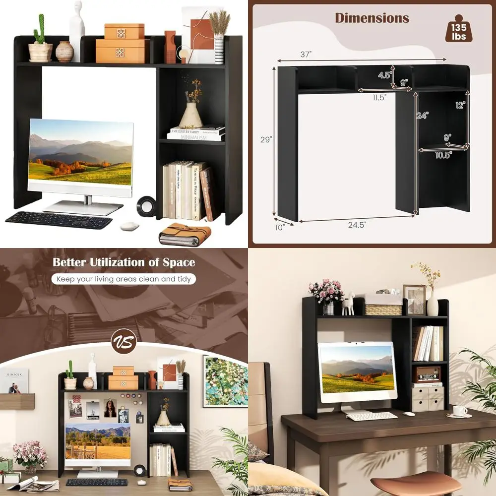 

3-Tier Wooden Desk Bookshelf, 5-shelf Countertop Display Rack for Dorms, Multipurpose Home Office Organizer