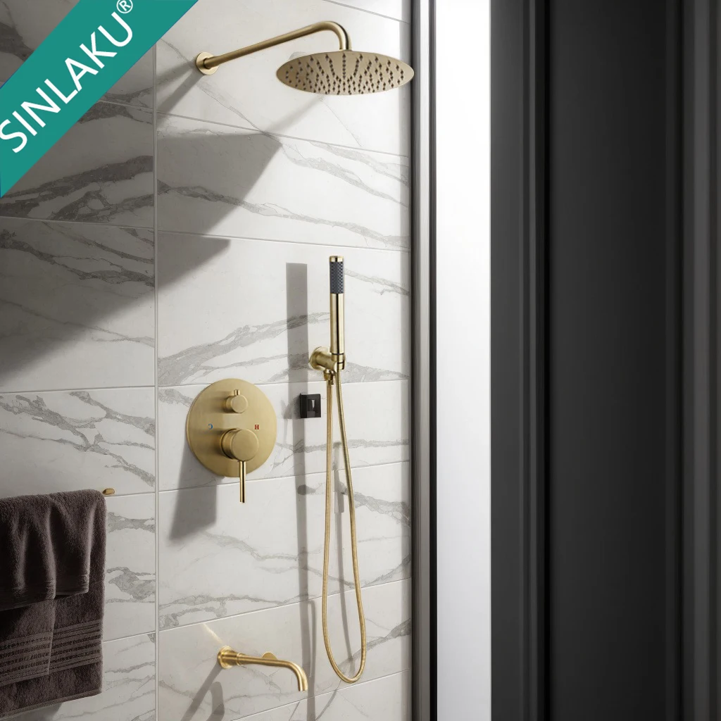 SINLAKU Brushed Gold Shower System Bathroom Luxury Wall Mounted Rainfall 3 Ways Handheld Shower Faucet Set Rough-in Valve
