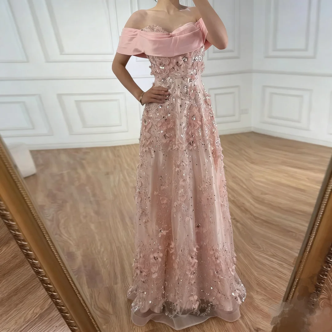 

Pretty Pink 3D Flowers for Women Wedding Formal Gown Off Shoulder A-Line Evening Dresses with Beading Customized