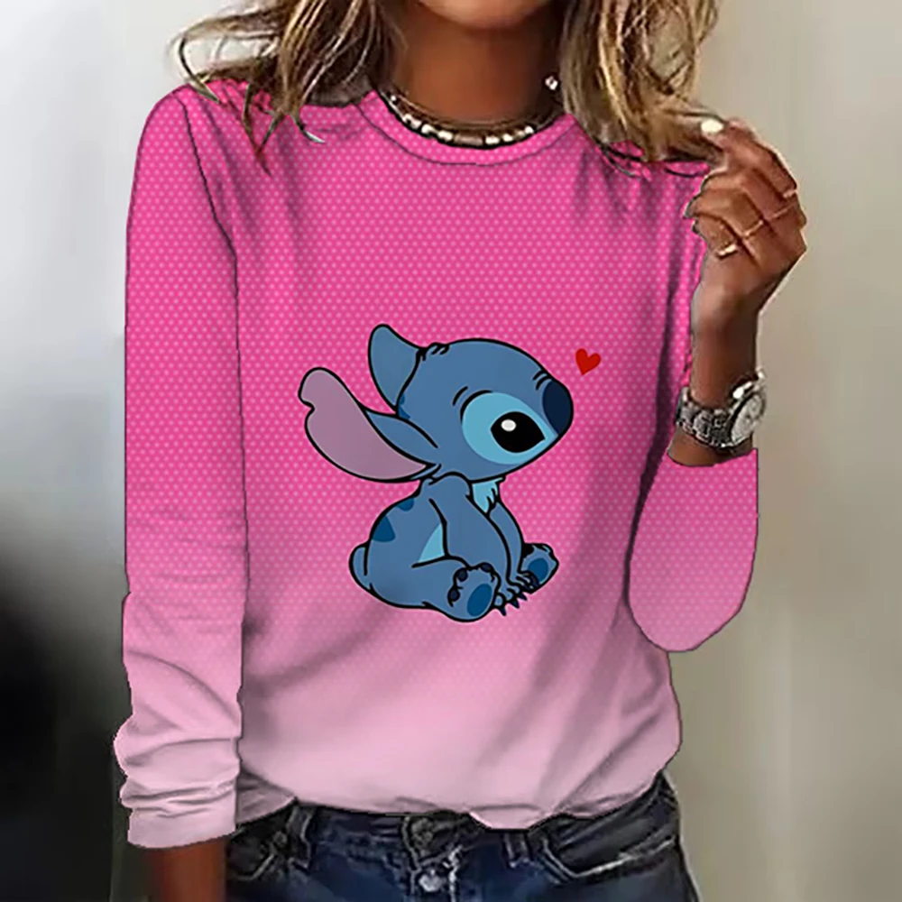 Kawaii Lilo Stitch Print Women\'s T-shirt Women\'s Long Sleeve T-shirt Casual O-Neck Ohana Stitch Disney T-shirt