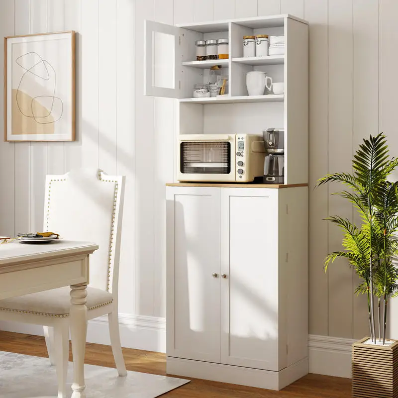 Armoire de cuisine autoportante de 67 pouces avec étagère pour micro-ondes - Blanc