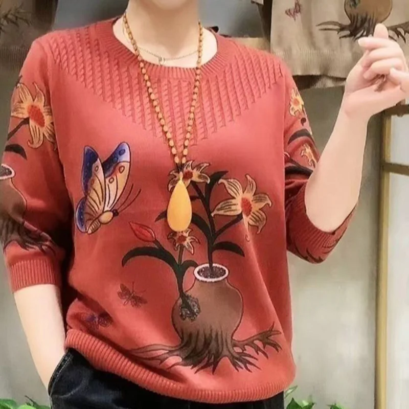 Suéteres estampados de malha com todos os fósforos, pulôveres com gola O, tops soltos, roupas casuais, nova moda, outono, 2023