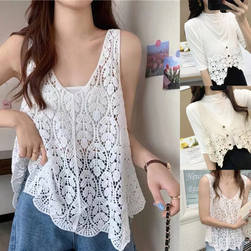 

Womens Boho Hollow Crochet Sleeveless Vest Waistcoat Knitted Leaves Floral Casual Loose Flowy for Tank Top Cover Up Dropship