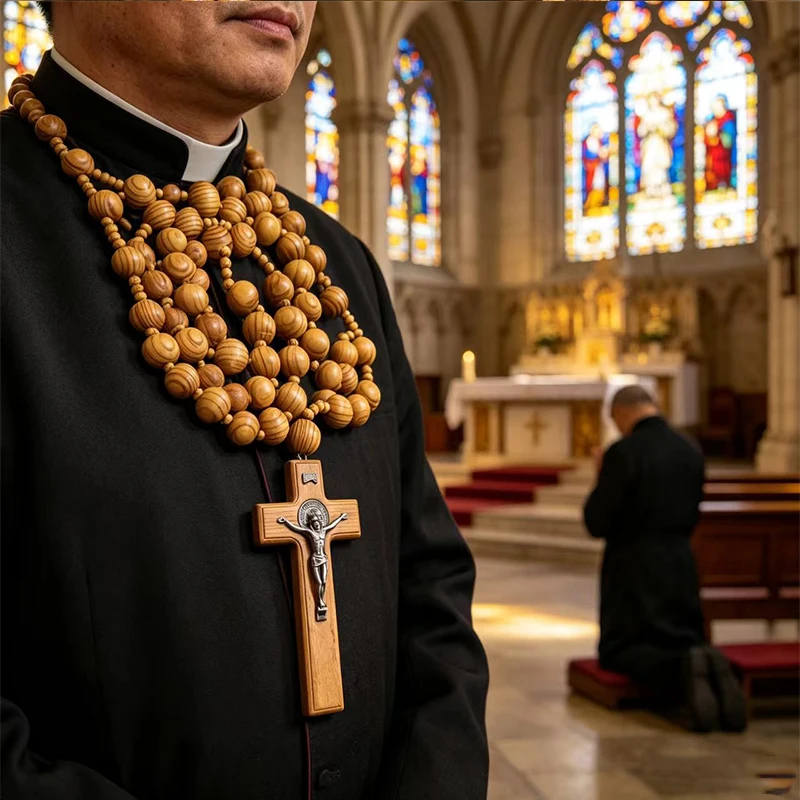 

Handmade 60 Beads Natural Wood Rosary Saint Benedict Crucifix for Catholic Prayer Devotion Christian Religious Gift