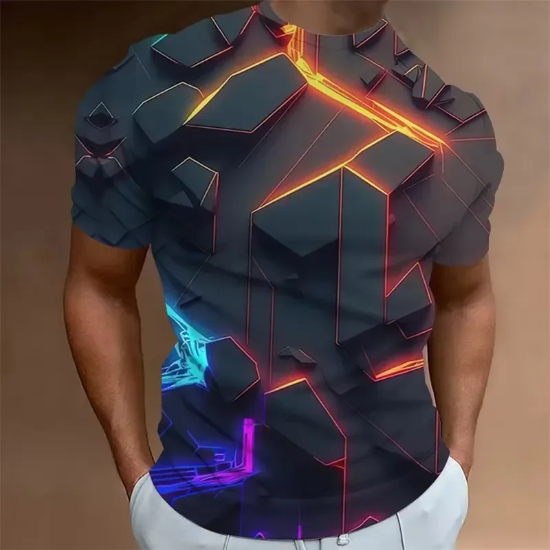 

2026 Men's 3D Printed Short Sleeve T-Shirt with Geometric Polygon Pattern Loose Oversized Fit Streetwear Style Casual Daily