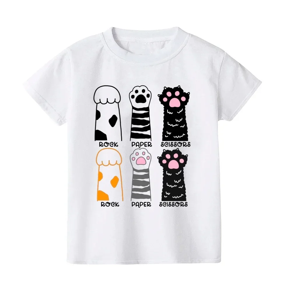 Kids T-shirt Rock Paper Scissors Cat's Paw Print Kid Shirt Todler Short Sleeve Shirts Girl Boy Cute Clothes Child Birthday Gift