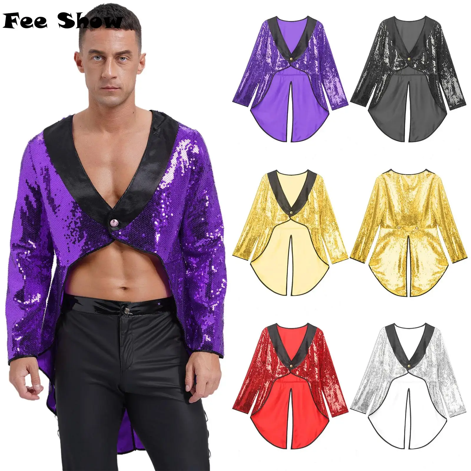 

Mens Mens Circus Ringmaster Cosplay Costumes Halloween Magician Dress Tailcoat Jacket Sparkle Sequin One-Button Tuxedo Coats