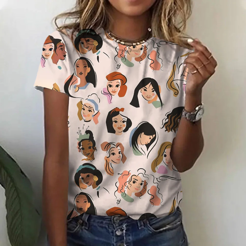 Disney Princess Print T-Shirt Women Black Tops Female Summer Short Sleeve Ladies T-shirt Casual O-neck Tees Tshirt