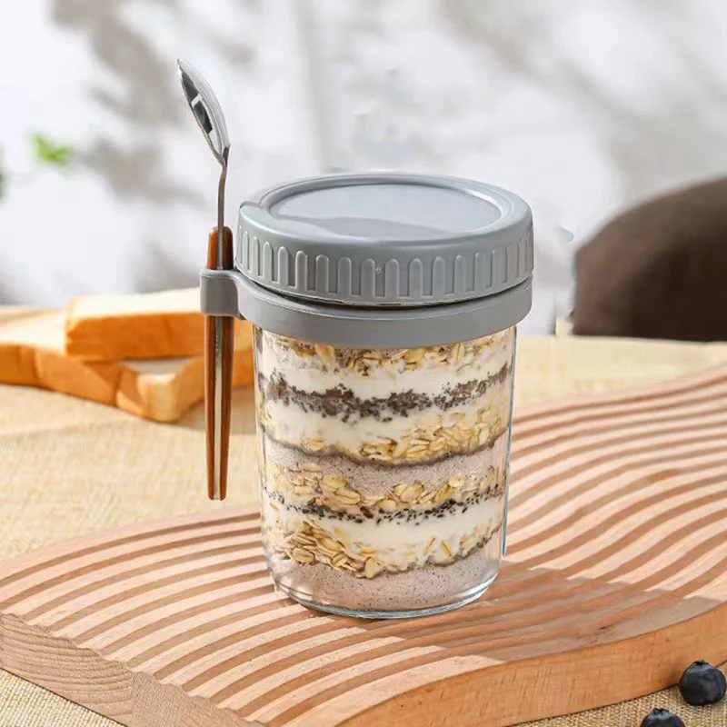 BAAG-Set Toples Oatmeal Semalam yang Dapat Digunakan Kembali, Stoples Kaca Tersegel 350 Ml Dengan Tutup Dan Sendok, Digunakan Untuk Sereal Dan Yogurt.