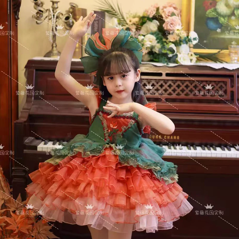 Summer Lolita Ball Gown Girls Kids Sets Princess Elegance Cute Layed Dress Birthday Party Childrens Gauze Clothing Sundress