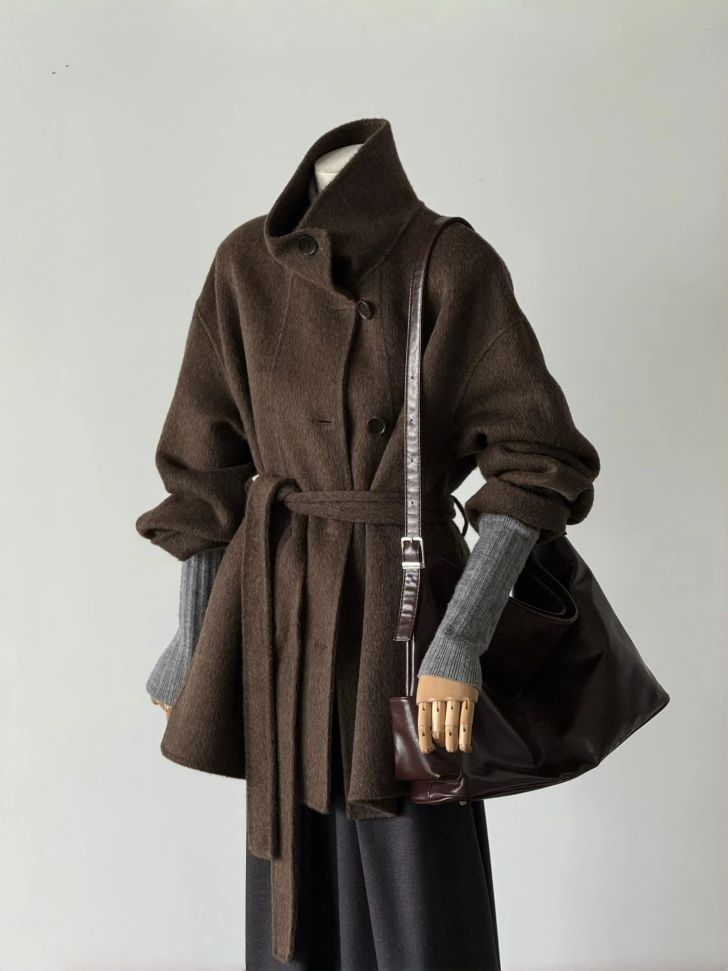Korean Style Double-Faced Woolen Coat Women's Grey Belted Handmade Tweed Jacket Stand Collar Long Sleeve Regular Fit Outerwear