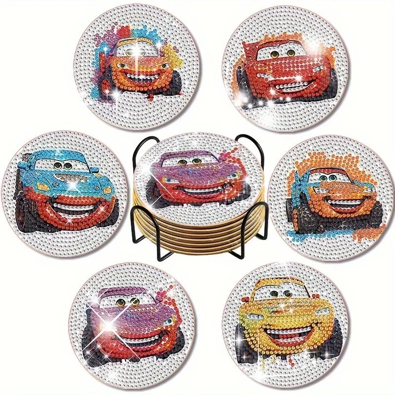 

Lotso Cars Cartoon Rhinestone Studded Coaster DIY 6-8Pcs Coasters with Holder Slip Resistant Souvenirs Hot Selling