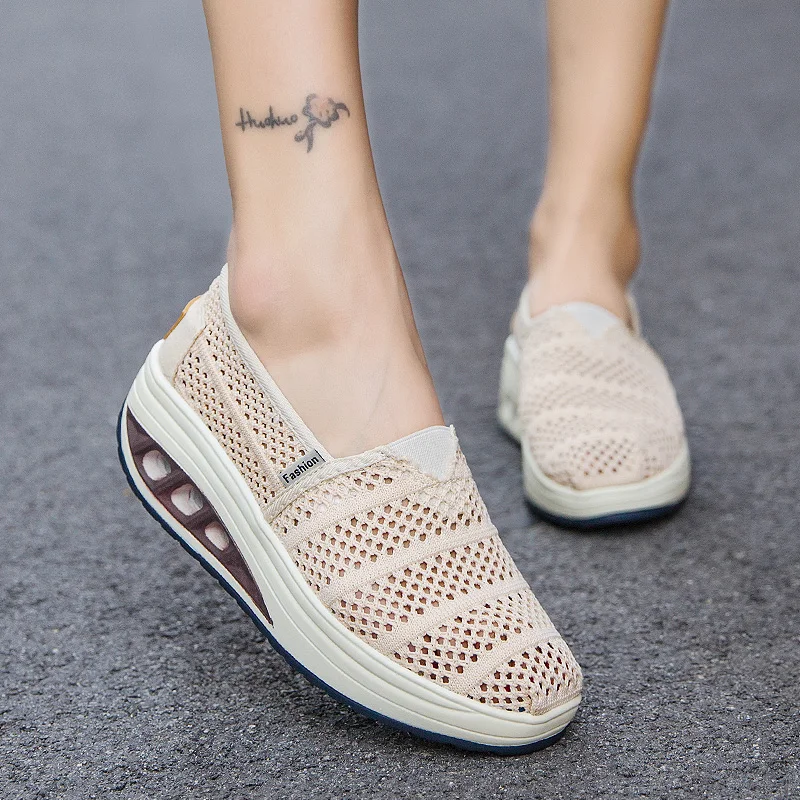 New platform jigger shoes air cushion slip-on lazy cool breathable casual sports shoes net face body shaping shoes