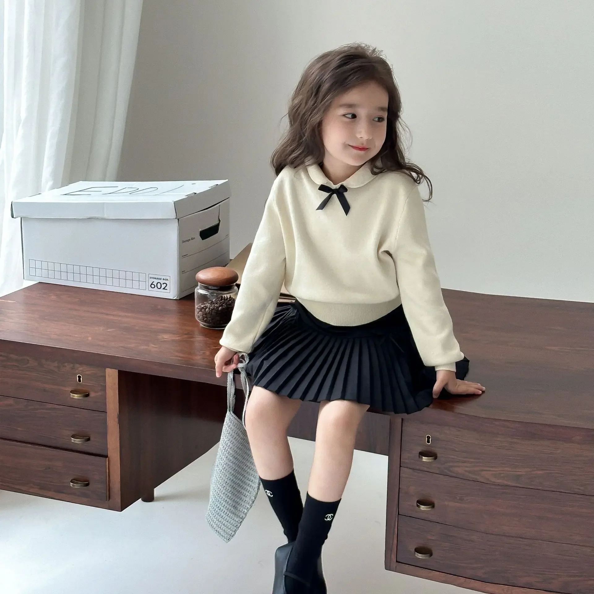 Girl Sweater Autumn Academic 2024 Bow Head Cover Sweater Doll Collar Tops Causal Versatile Childrens Clothing Sweet