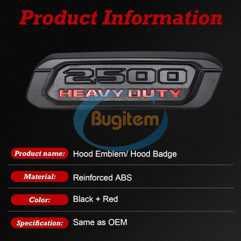 68362212AB 68362211AB Left Right Side Matte Black Red Fender Hood Emblem Nameplate For 19-24 Dodge Ram 2500 HEAVY DUTY