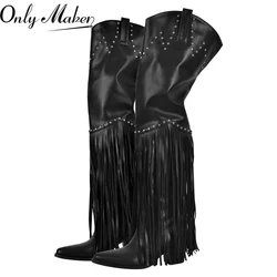 Onlymaker Women Black Fringe Over The Knee Boots   Chunky Heel Winter Pointed Toe Female Wstern Boots