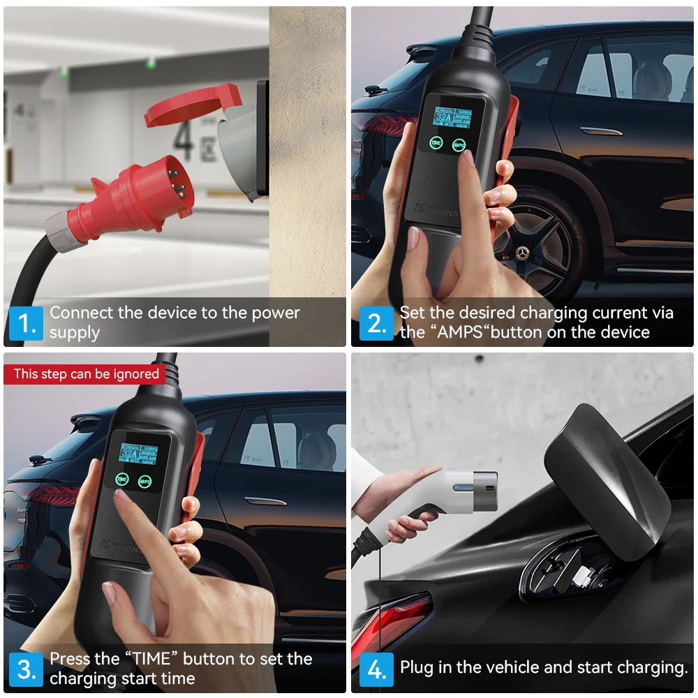 Khons EV Charger แบบพกพา Type2 22kw Electric Car Charger ชาร์จ 32A สามเฟสไฟฟ้ารถ Charger 5 M