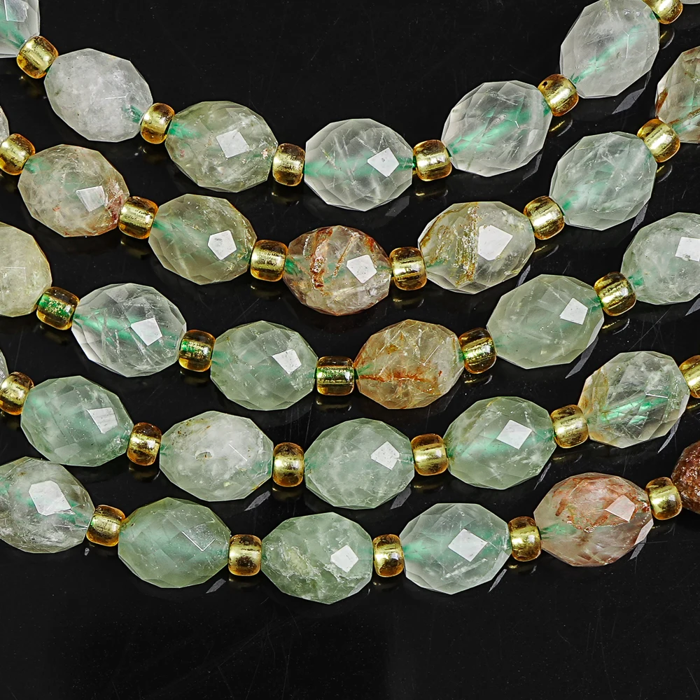 

8mm Faceted Green Rutilated Quartz Rice Beads Natural Ice Shine Loose Gemstone Beads for DIY Jewelry Making Bracelets Necklaces