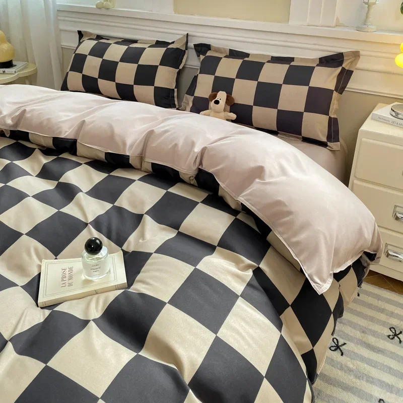 Simple Checkerboard Pattern Printing Bedding Set Breathable Ultra Soft Duvet Cover Kit for Summer Home Dormitory Bedroom Decor