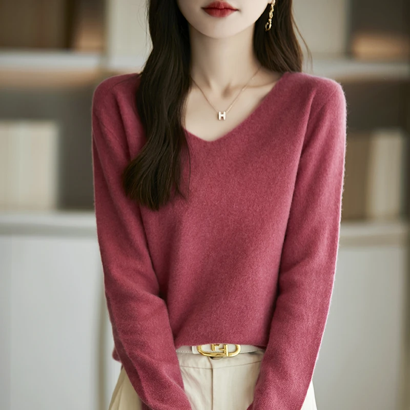 Classic Seamless Cashmere Pullover Fashion Wool Sweater V-Neck Long Sleeve Knitwear Soft Warm High-quality Basic Clothing Tops