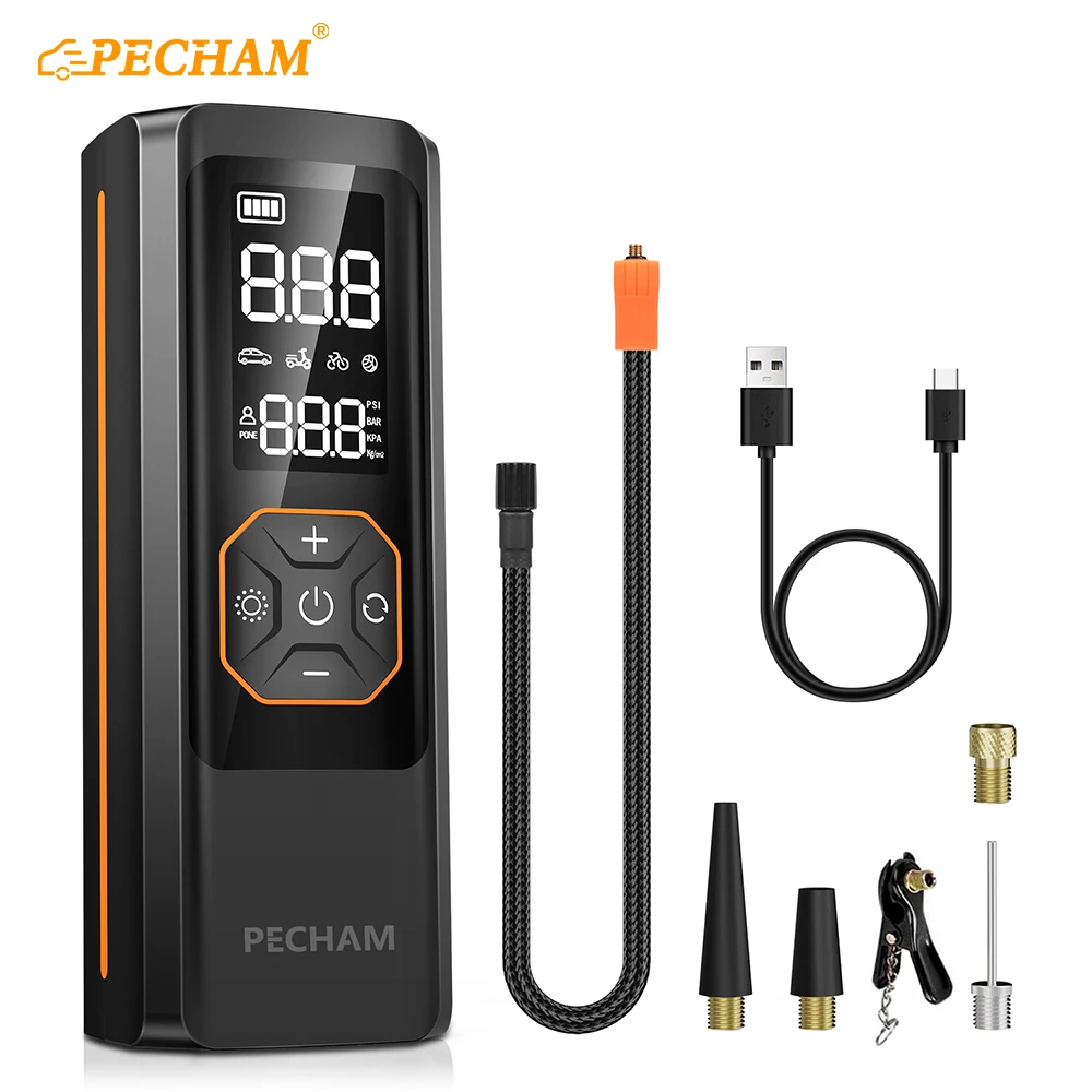 PECHAM 8000mAh Air Pump 12V Portable Electric Inflator With LCD Dual Screen 4 Smart Modes Car Tire Compressor for Motor E-Bikes