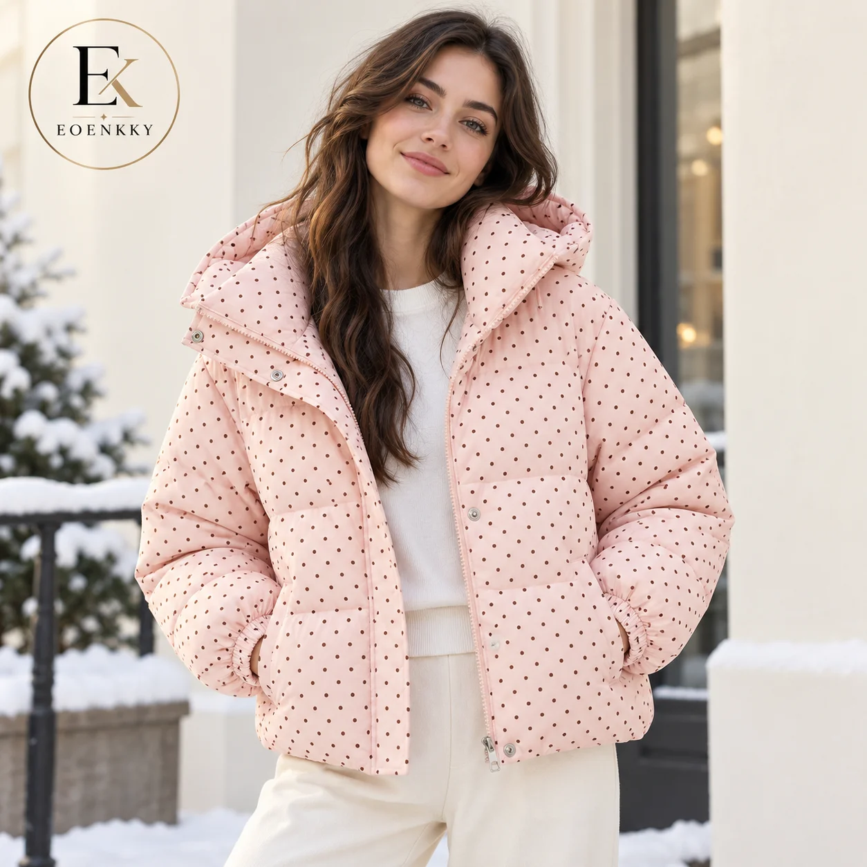 EOENKKY Women Polka Dot Hooded Puffer Jacket Winter Warm Coat Casual Short Cotton Padded Jacket Thick Parka Outerwear