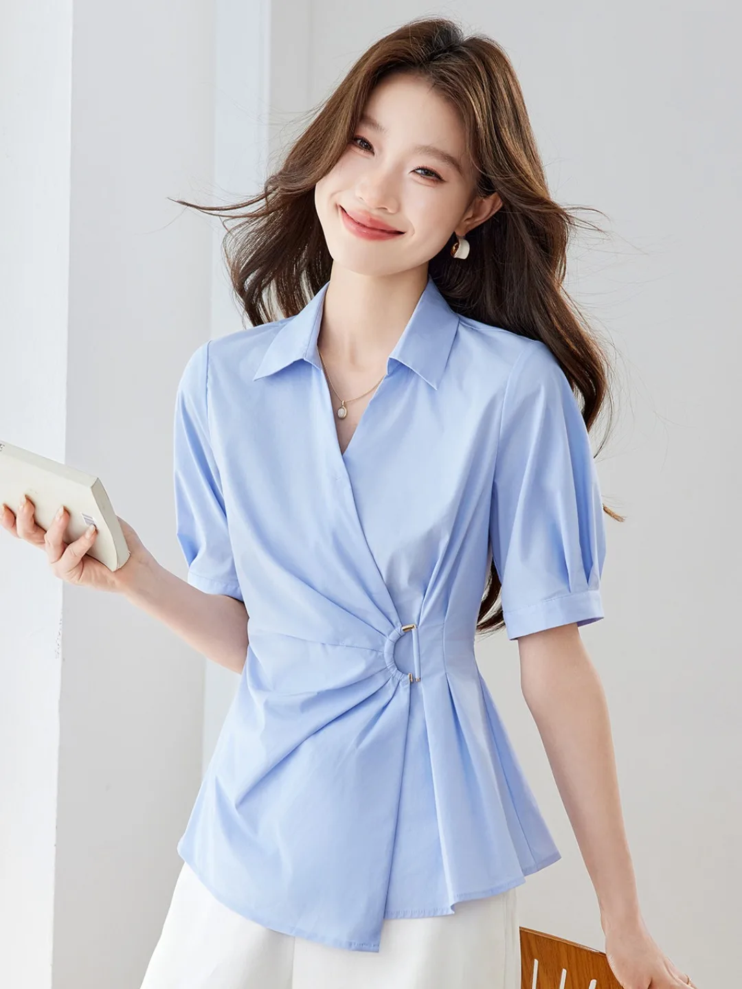 Chic Casual Blue Shirt Women's Summer 2026 New Uneven Waist Design Unique Top Commute Style Gathered Waist Short Sleeve V-Neck