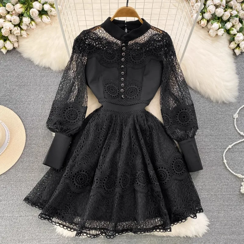 Vintage long-sleeved Dresses Women High street Retro Court Style Stand Lace hook flower Slim Waist A-line Dress Spring Autumn