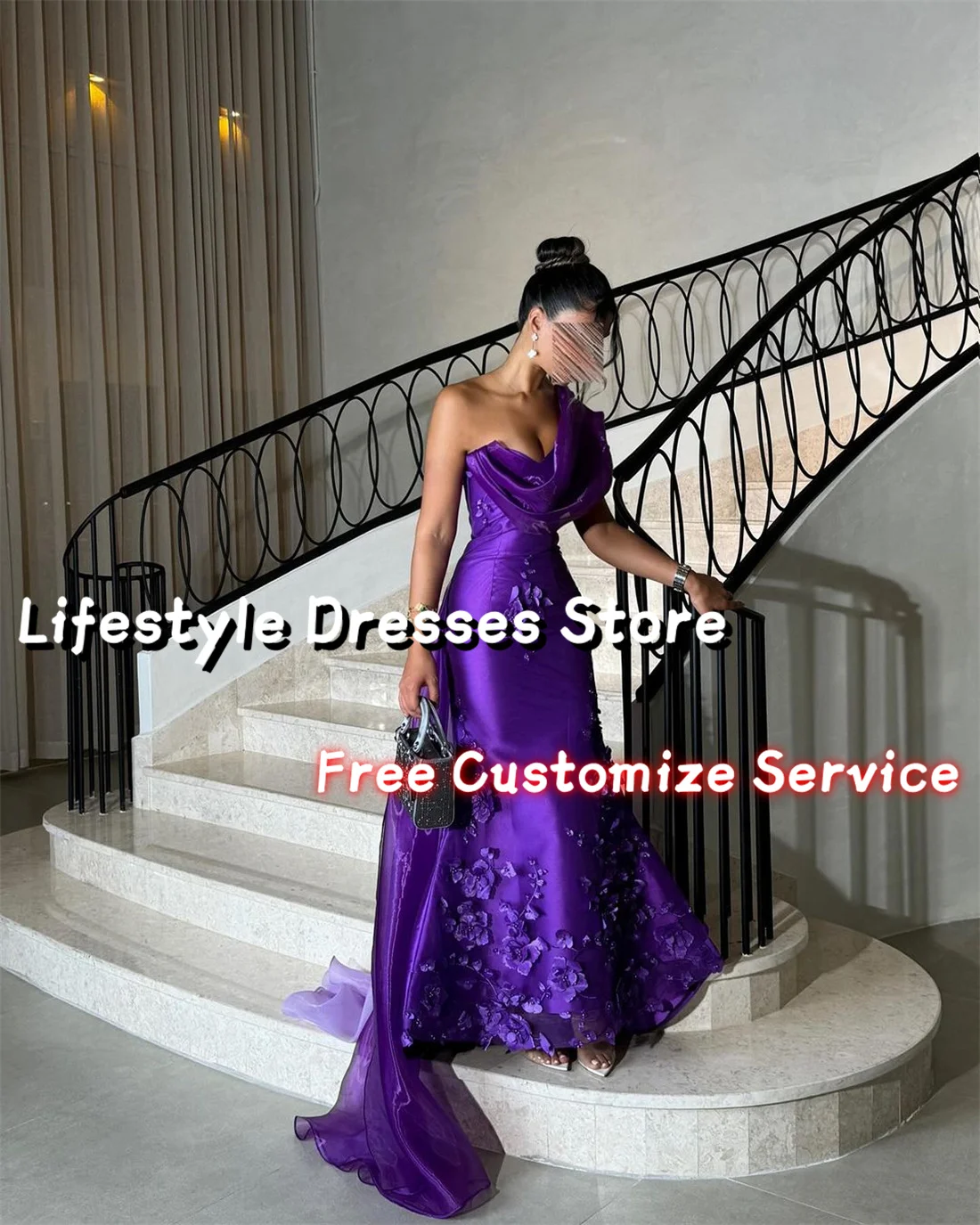 Customized Flowers Beaded Purple Evening Dress Mermaid Sleeveless Party Dress For Formal Occasion One Shoulder Saudi Prom Dress