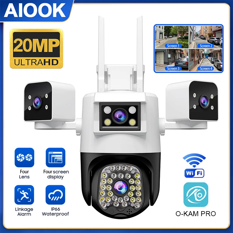 

AIOOK O-KAM PRO Camera Outdoor Waterproof HD 20MP WIFI CCTV 4 Lens Night Vision Video Camera Two Way Intercom Mobile Tracking