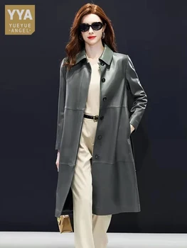 Gabardina larga de piel de oveja para mujer, abrigo de alta calidad con cinturón de una sola botonadura, chaqueta elegante de cuero genuino para trabajo de oficina