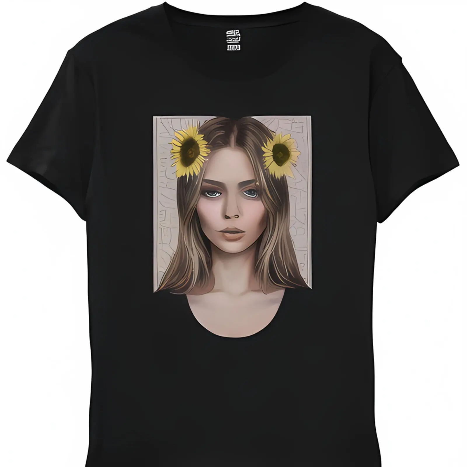 Hyperrealistic Girl Portrait T-Shirt with Sunflower Earrings Blue Eyes