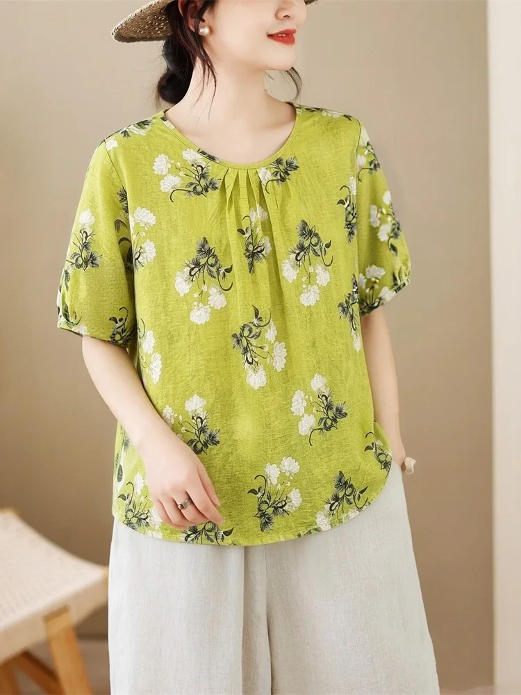 Casual Floral Print Cotton Linen Top Loose Fit Short Sleeve round Neck Pleated Design Versatile Women's T-Shirt Summer Wear
