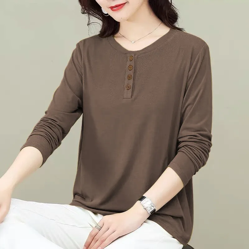 Women Autumn Henley Long Sleeve T Shirt Loose Casual Button Placket Solid Color Soft Basic Blouse  Tops