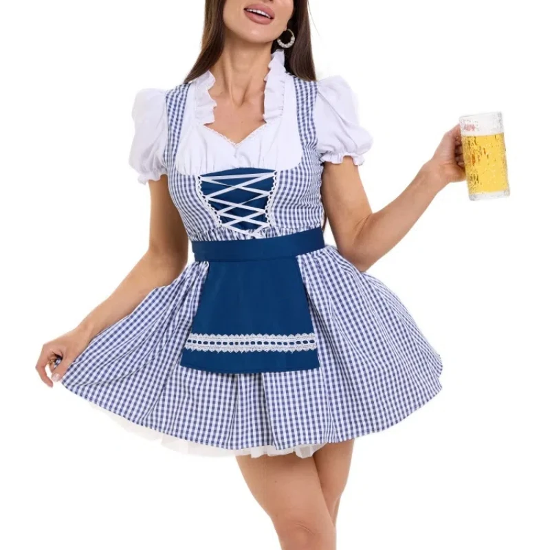 

New Halloween Women Cosplay Traditional Oktoberfest Maid Costume Manor Farm Girl Lace-up Ruffle Plaid Dress Maid Cosplay Costume