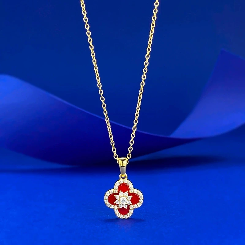 

S925 Silver Four-leaf Red Gemstone Pendant Fashionable and Versatile Stretchable Necklace